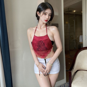 Lingerie Lemon Story, haut en dentelle rouge transparente, style halter, costume sexy pour femmes, printemps 2025 - Product Image 1