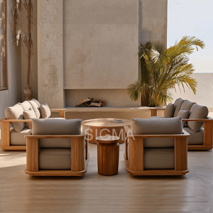 Conjunto de Sofás Seccionales en Forma de L para Exteriores de Teca, Diseño Moderno Resistente a la Intemperie, Tapicería de Tela, Muebles de Patio, Certificación CE - Product Image 2