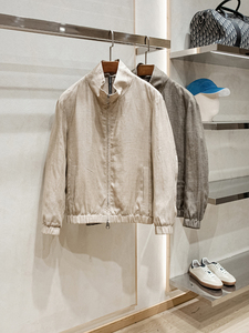 Giacca Bomber in <span class=keywords><strong>Lino</strong></span> 100% Stile Old Money Primaverile da <span class=keywords><strong>Uomo</strong></span> Casual Ecologica con Logo Frontale e Colletto Rialzato - Product Image 3