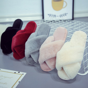 Women Winter Cross Fuzzy Slippers Plus Size Open Toe <b>Fluffy</b> Flat Indoor Warm Cozy Floor Plush <b>Slides</b> - Product Image 1
