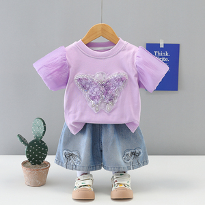 Completo Estivo per Bambina con Stampa Animalier, Stile Coreano Trendy, Logo, Poliestere/Cotone, Manica Corta, Due Pezzi con Pantaloncini, Tuta per Neonata 2026 - Product Image 2