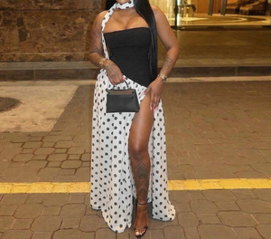 วิวิบลุค J26DS142 ชุดเดรสฤดูร้อนผู้หญิงเซ็กซี่สายเดี่ยวริบบิ้นลายจุดพิมพ์ลายเย็บปะติดปะต่อกันแม็กซี่สลิตชุดราตรีวันเกิด - Product Image 1