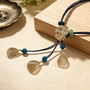 Bohemian Leather Cord Necklace Gold Ginkgo Leaf Hollow Cone Pendant Teal Bead Adjustable Women Beach Vacation Neck Jewelry - Product Image 3