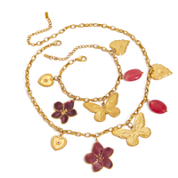Ensemble de colliers populaires européens et américains en acier inoxydable plaqué PVD or 18 carats, à la mode, papillon, fleur, résine, couleur goutte-pâte