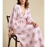 Robes longues élégantes à col en V profond pour femmes, fabriquées sur mesure par des fabricants de vêtements haut de gamme, dos nu, manches longues, décontractées, à fleurs