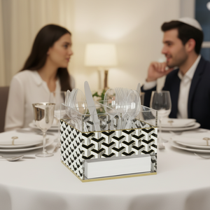 Moderno Porta Cubiertos Giratorio <span class=keywords><strong>de</strong></span> Acrílico, Diseño Geométrico Negro y Dorado, Lujoso Porta Cubiertos Judío <span class=keywords><strong>para</strong></span> Mesa, Cuchillos, <span class=keywords><strong>Cucharas</strong></span>, Tenedores, Servilletas - Product Image 1