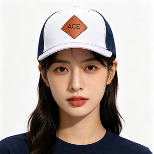 Two Tone White Lavender Navy <b>Mesh</b> Back Trucker Cap Custom Diamond PU Leather Patch 6 Panel Adjustable Trucker Hat - Product Image 1