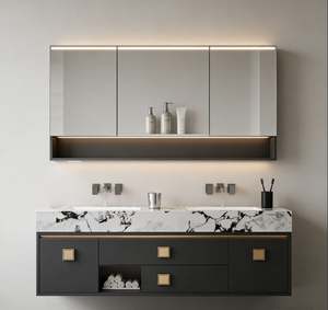 Customized Dark Wooden Double Sink Bathroom Cabinet with LED Mirror Storage Drawers and Open Shelves for Home Bathroom Organizer - Product Image 2