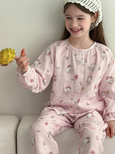 Pijamas de manga larga de gasa de punto de algodón puro con patrón de dibujos animados para mujeres, hombres, niños, cintura elástica, tallas medianas y grandes para el hogar - Product Image 6