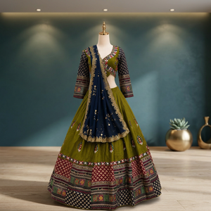 Tenue traditionnelle Chaniya Choli Lehenga vert olive avec dupatta brodée bleu marine pour Navratri et les occasions festives - Product Image 1