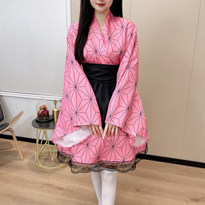Disfraz de Cosplay de Nezuko Kamado de Demon Slayer, Vestido de Anime para Mujer, Patrón Geométrico Rosa y Negro, Conjunto Completo - Product Image 3