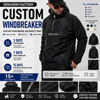 Veste Anorak Homme Noire à Demi-Zip, Coupe Raglan, à Capuche, Coupe-Vent en Nylon, avec Poche Vierge, Logo Personnalisé, Fabrication OEM, Vente en Gros