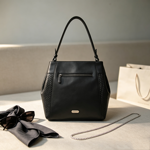 <b>Black</b> Soft Leather Shoulder <b>Bag</b> Woven Side Panel Removable Strap Large Capacity Handbag - Product Image 2