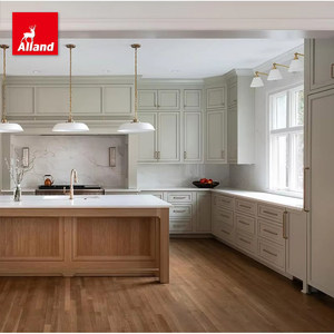 AllandCabinet Armoire de cuisine de luxe en <span class=keywords><strong>bois</strong></span> massif avec cadre américain Shaker à perles blanches et armoire cannelée avec îlot dans les villas - Product Image 1