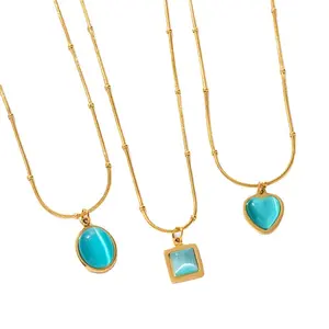 2024 nouveau collier oeil de chat bleu en acier inoxydable collier pendentif bijoux pour femmes