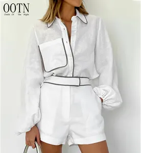 Ootn Womens 2 Stuks Lantaarnmouw Losse Blouses Vakantie Dunne Katoenen Shorts Pakken Linnen Shorts Sets Dropshipping Producten 2023