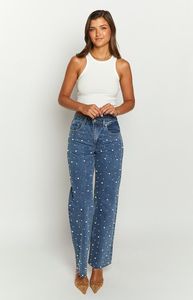 Jeans da Donna con Lavaggio Acido e Doppia Vita con Perle, Gamba Larga, Stile Dritto e Comodo, in Cotone 14OZ, Jeans Slim Baggy da Donna - Product Image 4