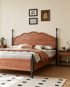 Premium Solid Wood <b>Bed</b> Frame French Vintage Wavy Headboard Black Turned Legs Two-tone Bedroom Furniture Stable Home Wooden <b>Doubl</b> - Product Image 3