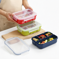 Kotak Makan Siang Minimalis Bergaya Jepang, Plastik, Aman untuk Microwave, Bersekat Tiga, Kapasitas 1450ml, Tutup Plastik