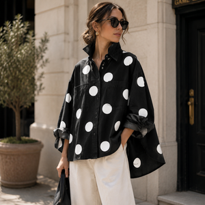 Camicia da Donna Personalizzata OEM ODM con Stampa a Pois, Blusa Oversize a Maniche Lunghe, Elegante e Casual con Bottoni - Product Image 1