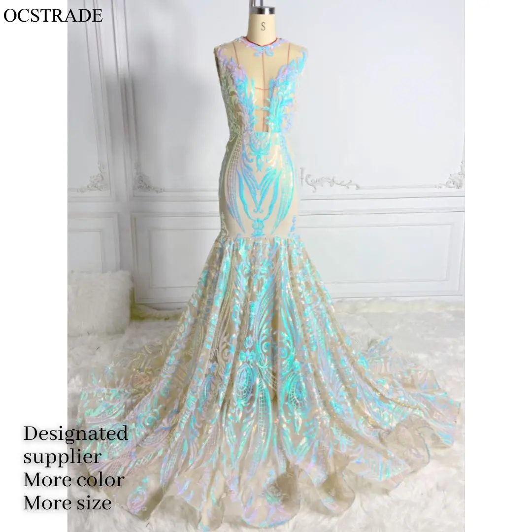 Ocstrade Clothing Manufacturers Custom Sparkly Evening Dresses Glitter Sequin Plunging Neckline Trumpet Long Train Prom Dress