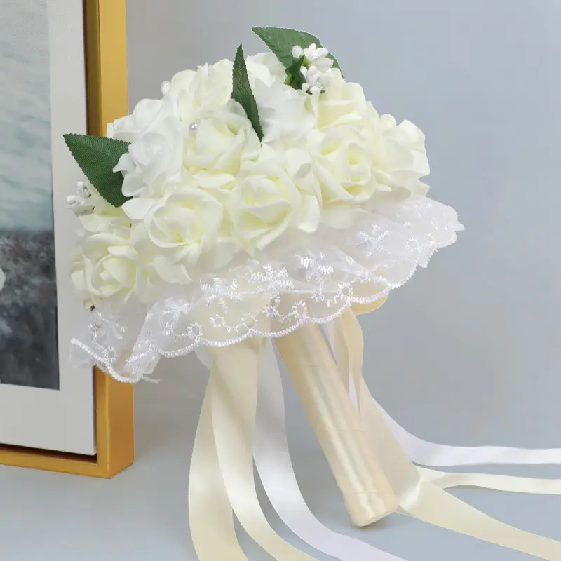 Wedding Bouquet Crystal Pearl Silk Roses Bridal Bridesmaid Wedding Hand Bouquet Artificial Flowers