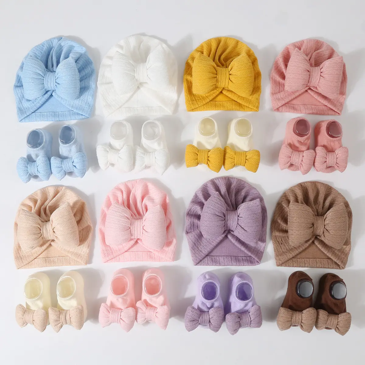 2Pcs Printemps Automne Coton Ribbed Baby Hat Socks Set Baby Big Hair Bows Turban 0-12 Mois Newborn Beanie Socks