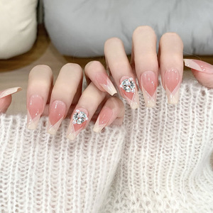 <span class=keywords><strong>Uñas</strong></span> Postizas de Diamantes en Racimo Francés <span class=keywords><strong>Diagonal</strong></span> Rosa Nude al por Mayor, Elegantes <span class=keywords><strong>Uñas</strong></span> Postizas de Lujo para Novia, Forma Ballerina Mediana - Product Image 1