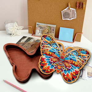 Boîte en bois LS Butterfly 5D DIY pour kits de peinture diamant, boîte de rangement multifonctionnelle en bois pour bijoux, forme cœur imprimée papillon - Product Image 2