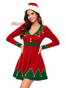 Robe rouge et verte pour femme avec chapeau, costume d'elfe pour fête de Noël, personnage de film télévisé MS TV - Product Image 2
