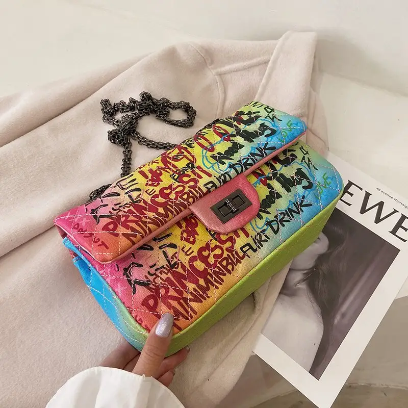 Ins Hot Sale Colorful Art graffiti Printed Handbag purses Gils Pures Rainbow Fashion Women Bag