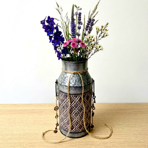 Rustic Farmhouse Style Galvanized Metal Lightweight Lattice Pattern <b>Vase</b> Rope Keys Design Desktop Flower Arrangement Farmhouse - Product Image 1
