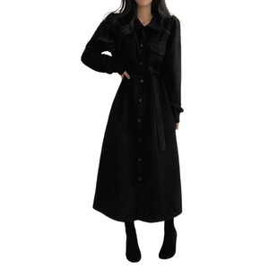Robe longue <span class=keywords><strong>chic</strong></span> coréenne automne-hiver vintage à revers, simple boutonnage, ceinture à nouer, couleur unie, en velours côtelé, antistatique, coupe lanterne - Product Image 5