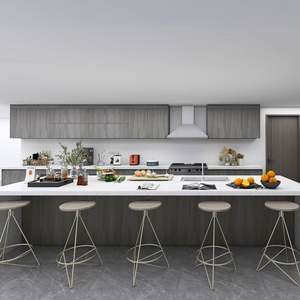 Gabinetes de Cocina Modernos con Puertas de Vidrio Gris, Manijas de Aluminio, Protector Contra Salpicaduras de Granito Impermeable para Apartamento - Product Image 1