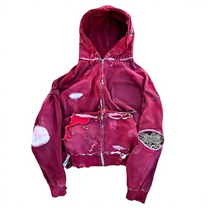 เสื้อฮู้ดครอปซิป Yaris Remy Red Velvet Waffle ผ้าฝ้ายเฟรนช์เทอร์รี่ 100% ทรงโอเวอร์ไซส์ สไตล์สตรีทแวร์  แบบแพทช์เวิร์ค  สำหรับทั้งชายและหญิง - Product Image 2