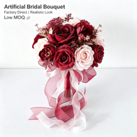 Bouquet de mariée pastoral avec roses artificielles roses, pivoines en soie et ruban – Décoration pour mariage en extérieur, demoiselles d'honneur et séances photo