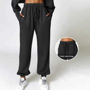 Pantalon de survêtement de sport taille haute pour femme taille droite ample avec survêtement décontracté à revers Style avant plat pour les déplacements en hiver - Product Image 1