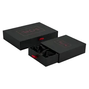 Hot Sale Black Drawer Box Customized Logo Design Black Satin Silk Lining Foiled Gift Drawer Box With Ribbon