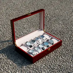 Boîte de rangement de montre, Logo personnalisé de luxe en bois rouge peinture en aérosol 12 fentes emballage