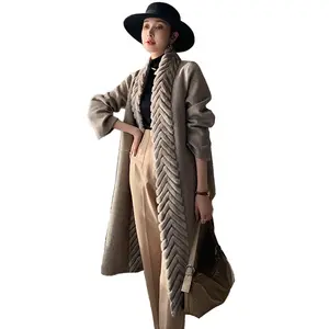Elegante abrigo de lana de Cachemira largo para mujer, Cuello de piel de visón de lujo, manga larga