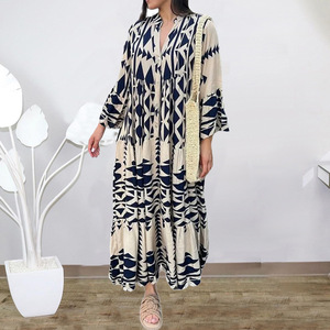 优雅的夏季马克西连衣裙女性复古几何v领沙滩长宽松连衣裙 - Product Image 2