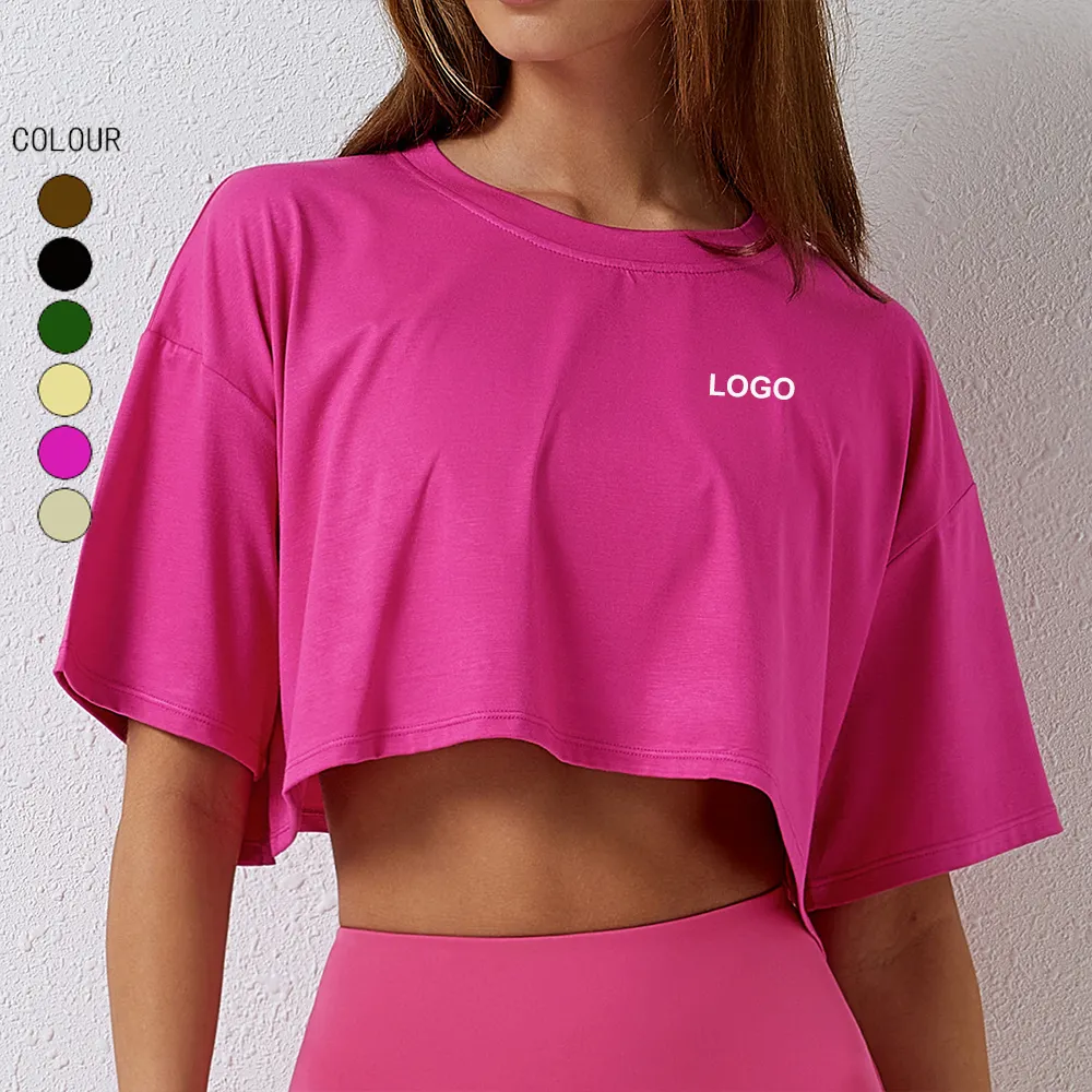 Traje de yoga deportivo de manga corta de tela reciclada sostenible OEM para mujer, Camiseta holgada recortada de algodón versátil para mujer