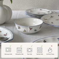 Service de vaisselle en porcelaine style campagne française, motif bleu et blanc en relief, assiettes et bols festonnés, compatible micro-ondes, pour mariage, hôtel, restaurant