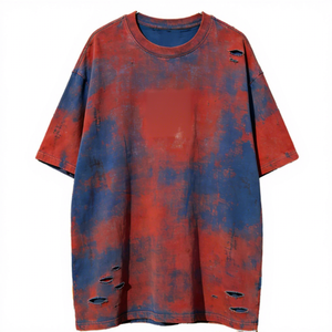 เสื้อยืดคอกลมโอเวอร์ไซส์ลายมัดย้อมพร้อมโลโก้ด้านหน้าแบบกำหนดเองสำหรับผู้ชาย ผ้าฝ้าย 100% หนัก 220 กรัม สไตล์สตรีทแวร์ แขนสั้นสำหรับฤดูร้อน ขายส่ง - Product Image 3