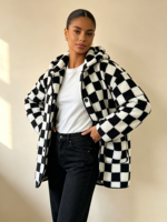 Veste en polaire sherpa à carreaux pour femmes, à capuche, surdimensionnée, boutonnée, noire et blanche, style Teddy
