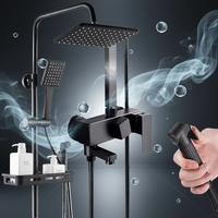 Robinet de douche mural en acier inoxydable chromé noir avec pommeau de douche pluie 4 fonctions, mitigeur eau chaude et froide en céramique