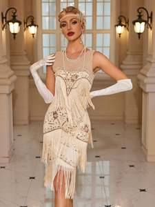 1920 년대 플래퍼 드레스 프린지 스팽글 위대한 개츠비 영감 특종 목 민소매 포효 20 년대 칵테일 파티 의상 짠 직조 - Product Image 2