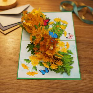 Carte de vœux florale 3D pop-up faite à la main, fleurs de marguerite jaunes, papillons, art de la découpe de papier, artisanat, forme personnalisée, design découpé à la forme - Product Image 3