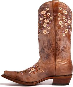 Zapatos de tacón grueso bajo con punta en pico y pantorrilla ancha bordada con flores, <span class=keywords><strong>botas</strong></span> cortas de tacón de vaca marrón a la moda para mujer - Product Image 3