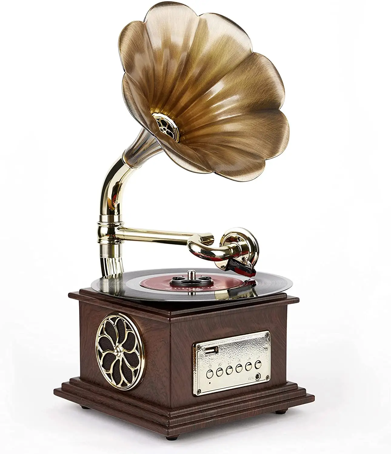 Gramophone Record Player Retro Turntable All in One Vintage Phonograph Nostalgic for LP with Copper Horn Built-in Speaker